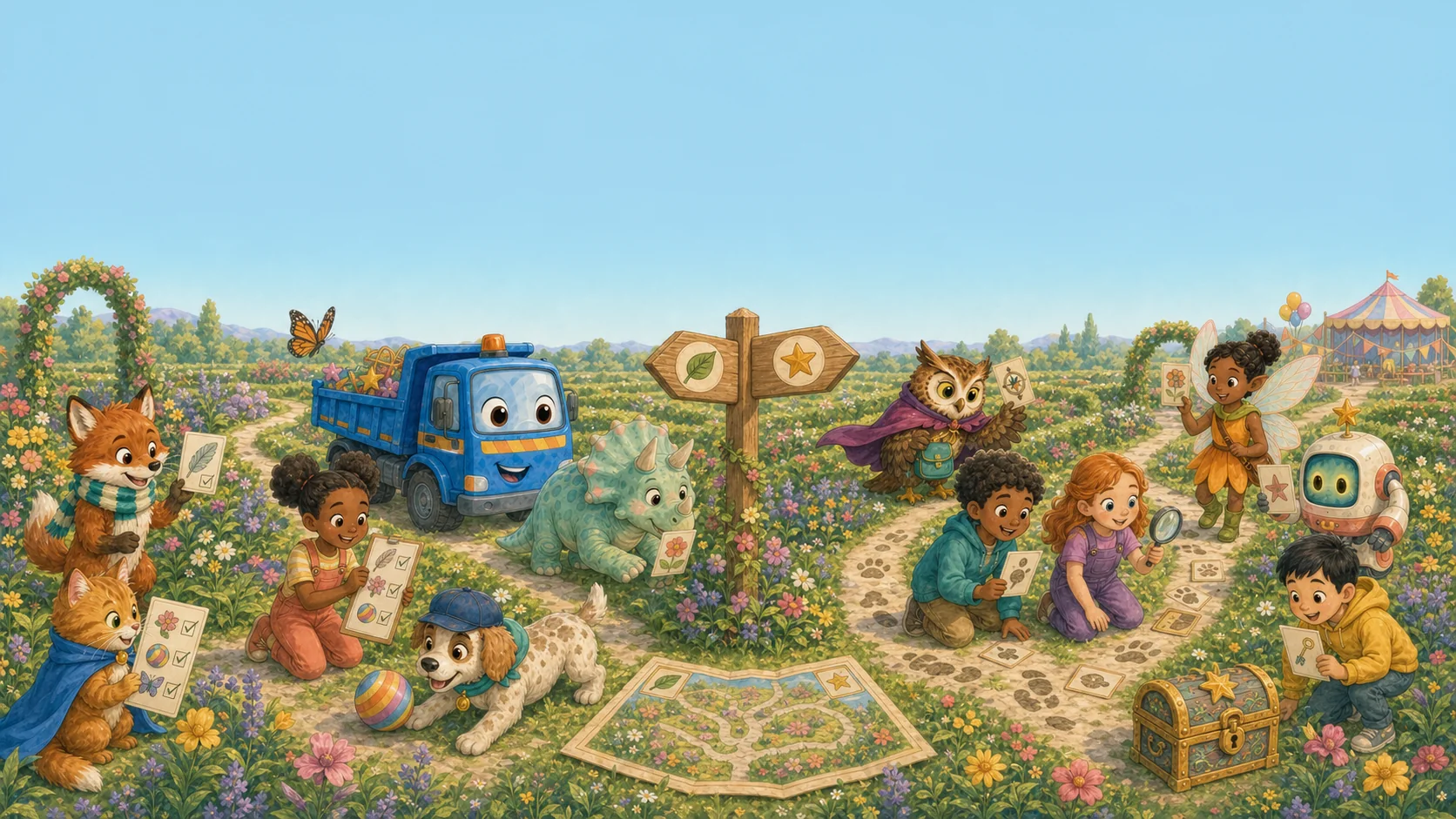 Cluefetti friends at a colourful garden crossroads choosing a party game